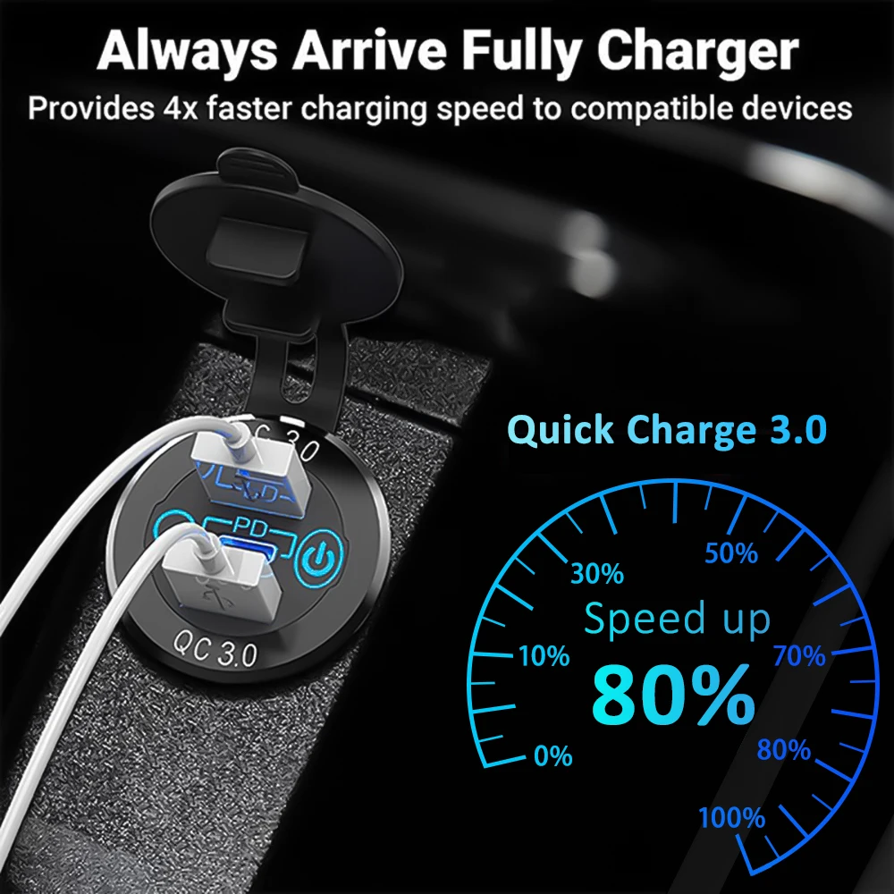 earu Car USB Charger Socket Metal 60W Car Charger 12V 24V USB Outlet PD USB-C & Two QC3.0 Ports Touch Switch For Boat Marine