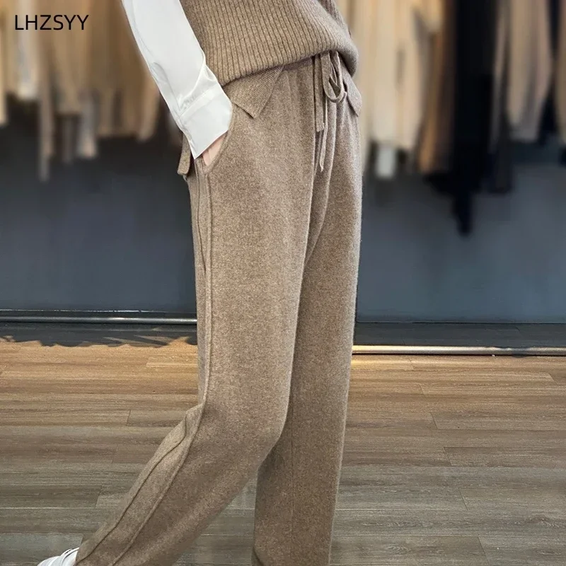 

Autumn Winter New Women' Cashmere High Waist Trousers Casual Loose Tight Waist Pants Draw String Straight Pants Wool Knit