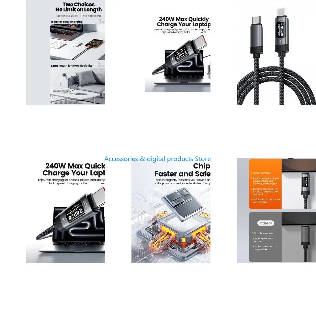 77JD 240W USB C Cable Fast Speed Data Transfer LED Display and PD3.1 Power Delivery Capability for Multiple Electronics