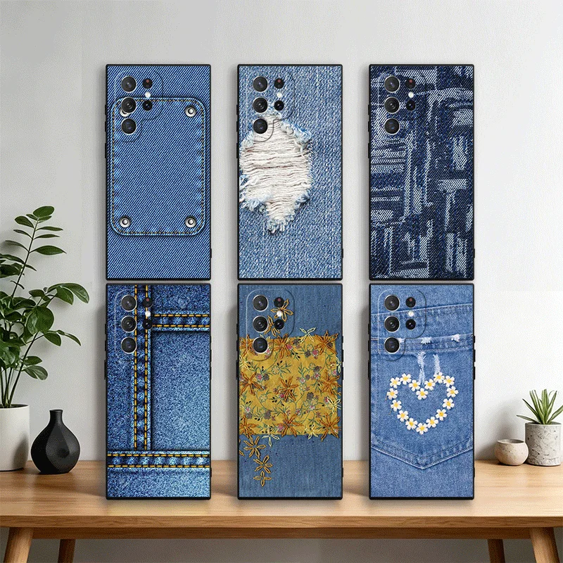 Retro Denim Pattern Phone Case Cover for Samsung Galaxy S22 S23 Plus S24 FE S25 Edge S26 Ultra S20 S21 + Black Soft Shell