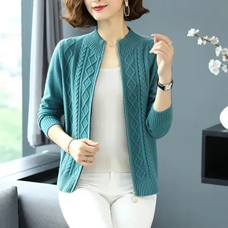 Thời Trang Hàn Quốc Màu Áo Len Dệt Kim Kiểm Tra Sọc Cổ Đứng Áo Khoác Cardigan Plus Kích Thước Rời Vintage Nữ Hàng Đầu