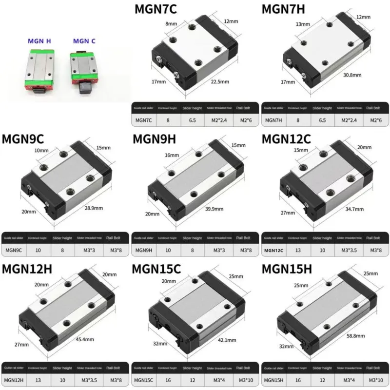 1PCS MGN7C MGN7H MGN9C MGN9H MGN12C MGN12H MGN15H Carriage Block For MGN7 MGN9 MGN12 MGN15 Miniature Linear Rail Guide CNC Parts