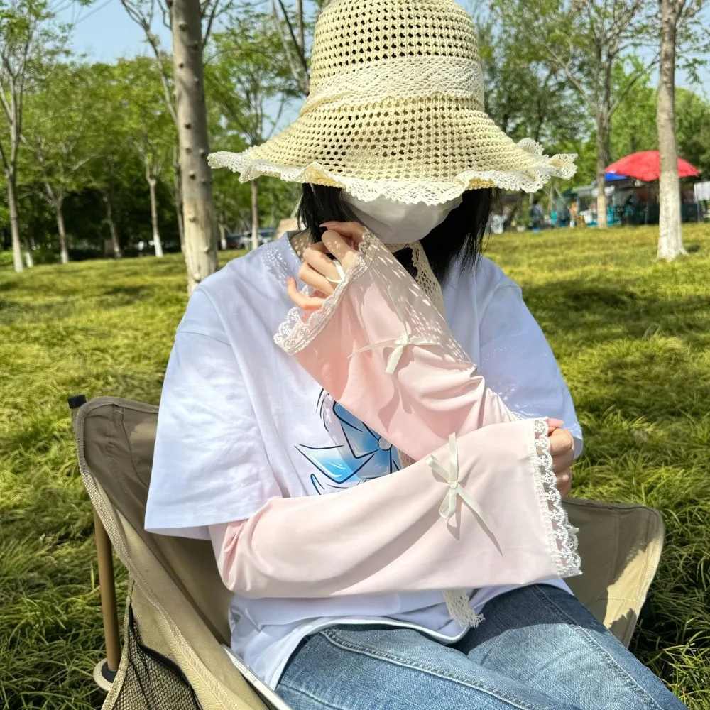 Cute Bow Ice Silk Arm Sleeves Flared UV Protection Sunscreen Arm Sleeves Lace Cuff Solid Color Cycling Arm Cover Summer