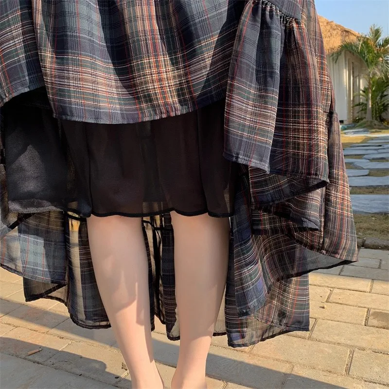 Dames retro geruite rok met hoge taille Geruite chiffon rok Elegante lange rok Nieuwe A-lijn Grote Swing Cake Losse avondjurk