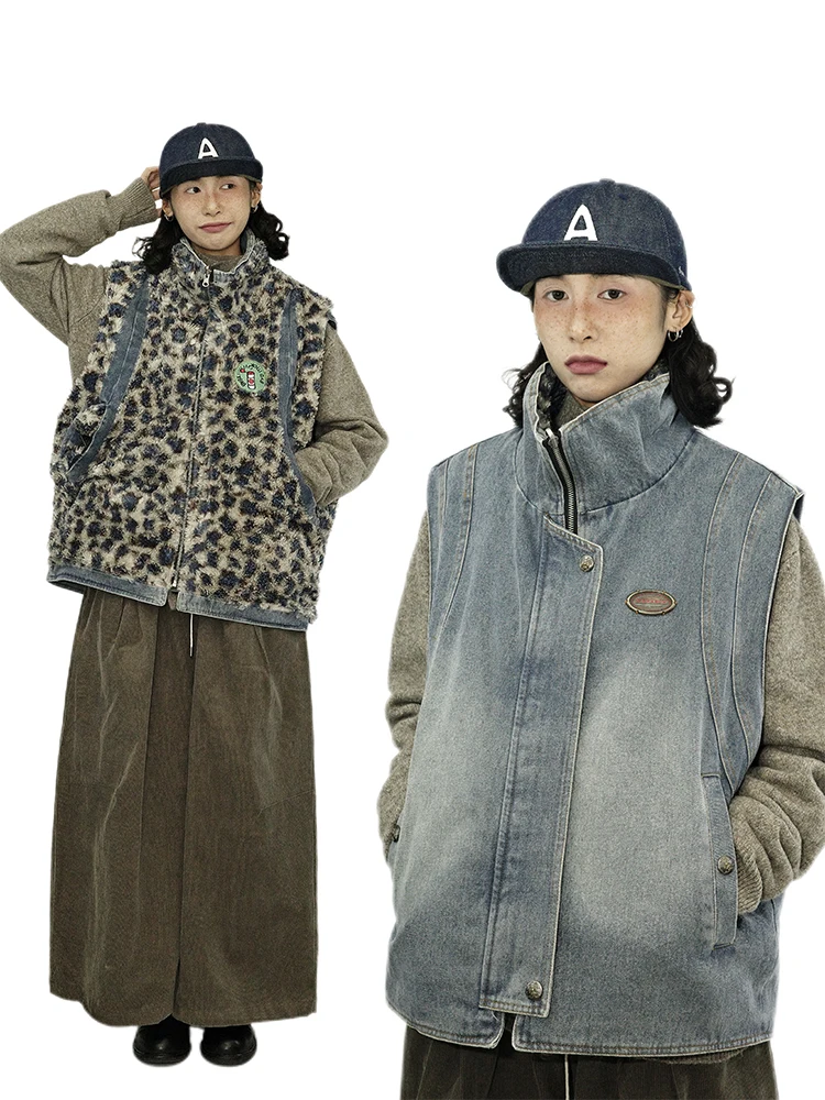 

Guluwo Winter New Retro Japanese Sle Loose Double-Sided Wear Denim Leopard Print Fce Svel Cotton Jaet Vest