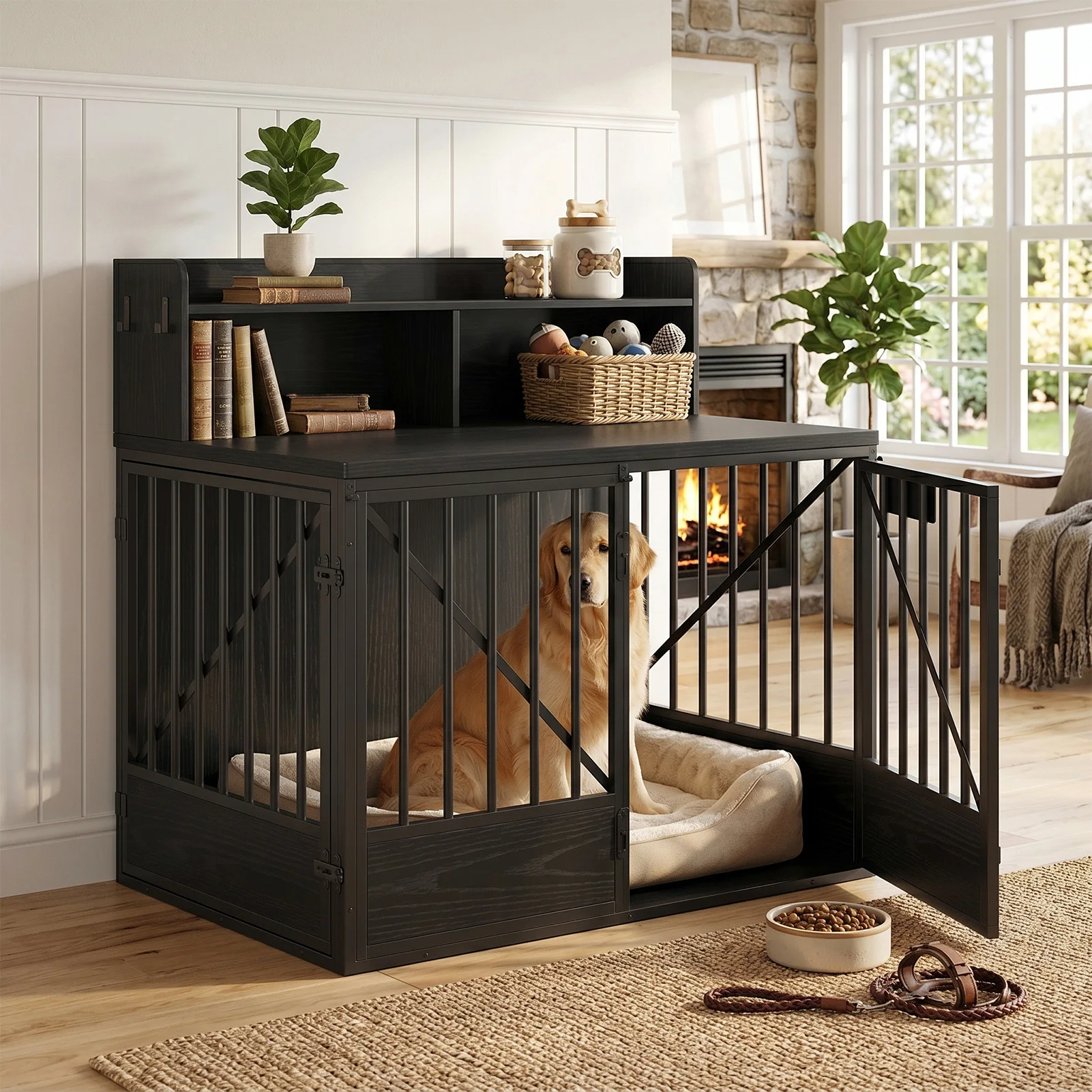 Dog Crate Large Capacity Multifunctional Spacious Top Pet Kennel with 2 Open Storage Compartment Dog Kennel Wood Puppy Cage
