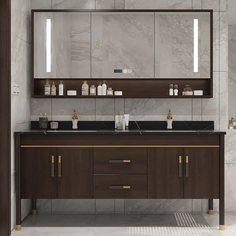 

Oak rock slab double basin bathroom cabinet combination, toilet washstand, face wash basin cabinet