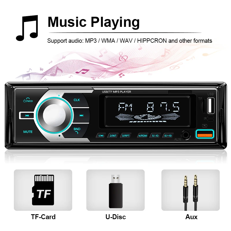 Suitable For Car  1Din Stereo Player Digital Bluetooth Car MP3 Player Color FM AUX Radio Stereo Audio Music USB TF with In Dash