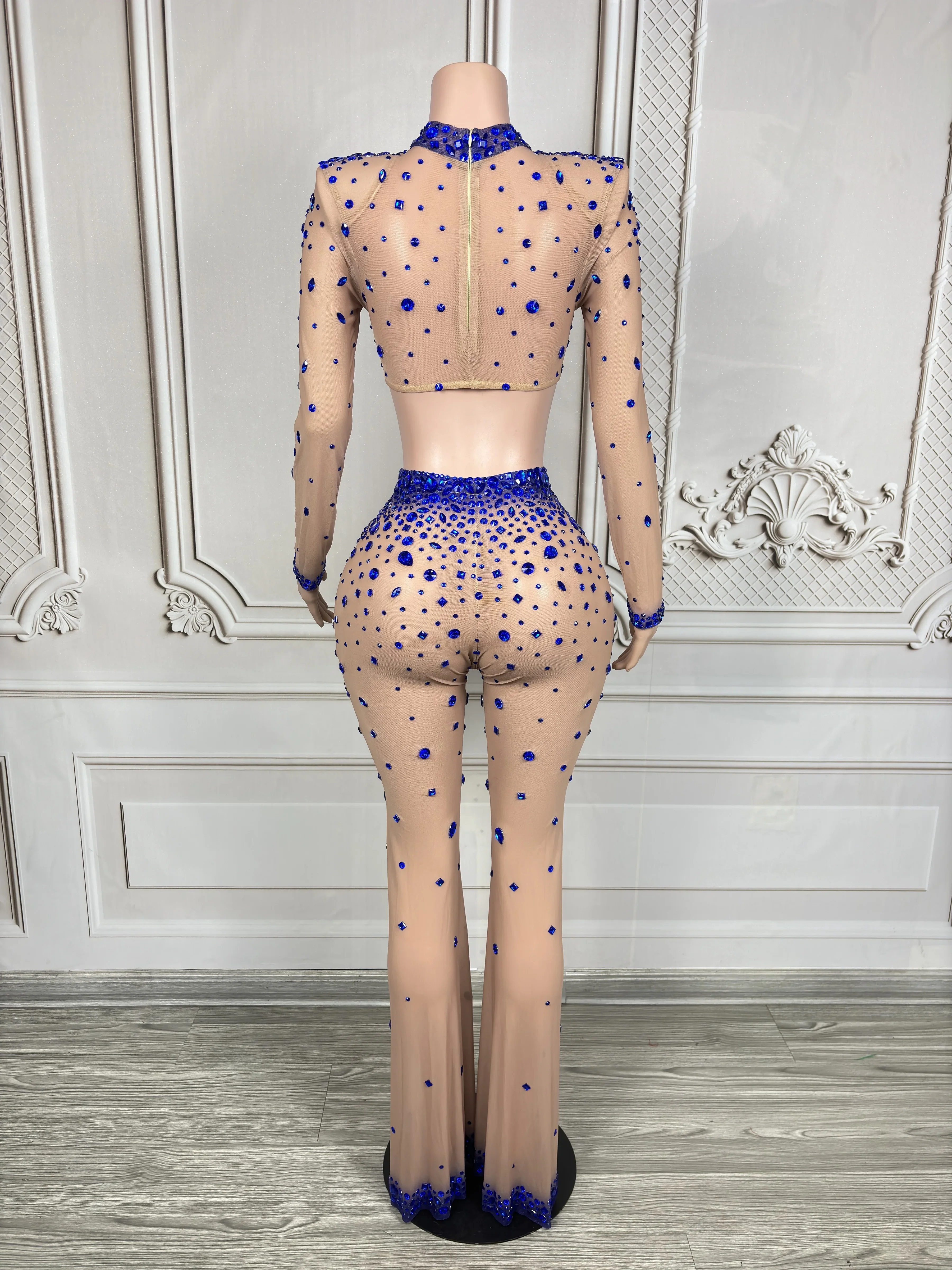 Evening Celebrate Birthday Party  Nightclub Stage Costume Women Sparkly Blue Rhinestones Sexy Mesh See through Two Pieces Set