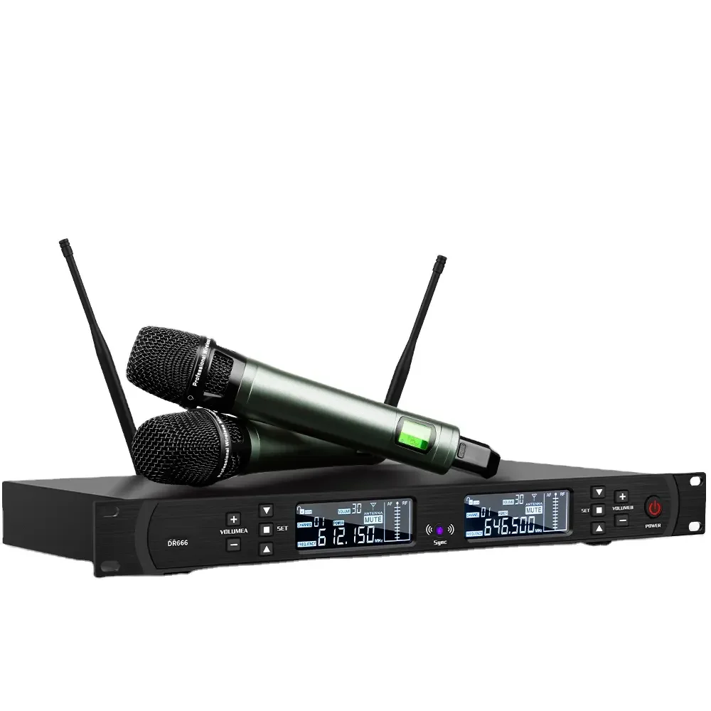 DR666 Professional Portable Handheld Dynamic Metal UHF Wireless Microphone System Noise Cancelling LED Lights for Singing