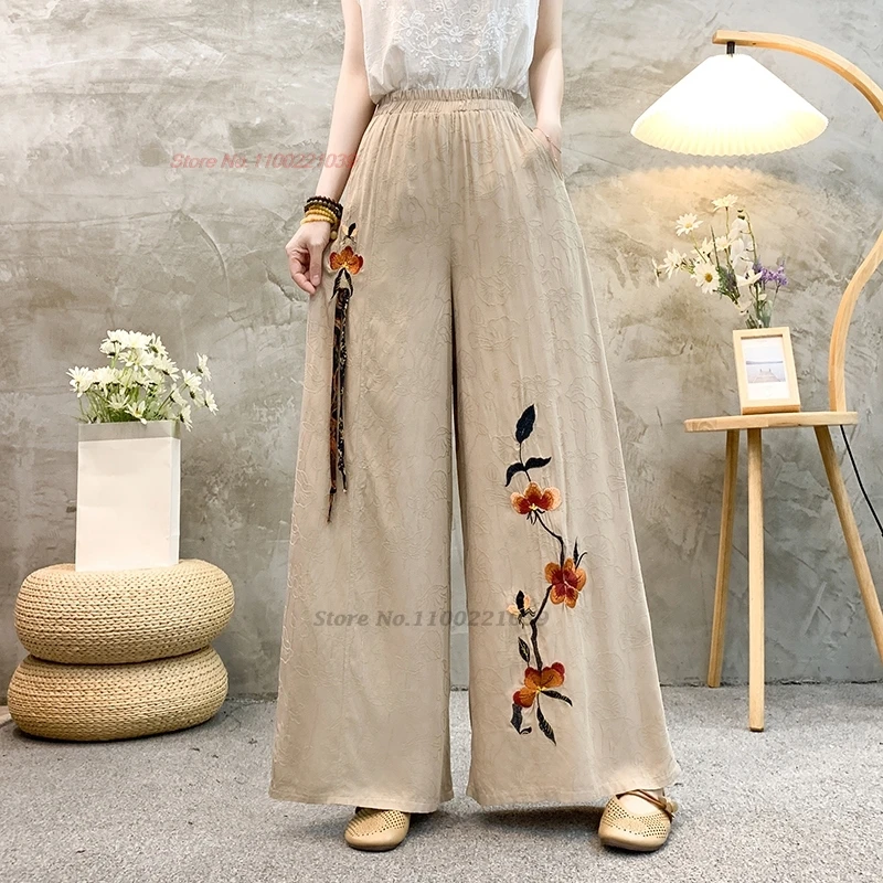 

2024 chinese vintage pants national flower embroidered wide leg trousers traditional cotton linen jacquard folk loose pants