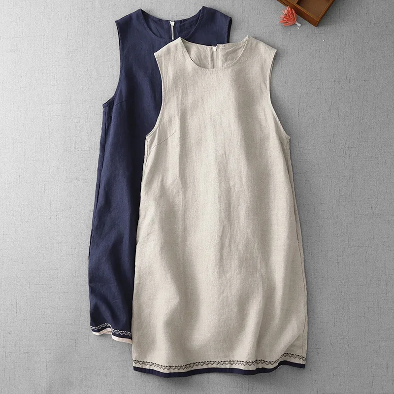 Zomer Nieuwe Vintage Jurk Vrouwen O Hals Mouwloos Losse Rechte Vrouwelijke Jurken Casual Bloemen Borduren Dameskleding