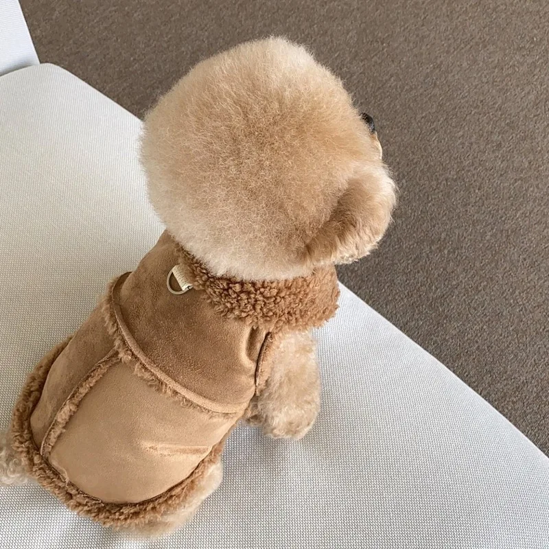 Classic Solid Warm Dog Vest Fall Winter Shearling Lined Suede Pet Clothes With Traction Leash For Small Medium Dogs Cats