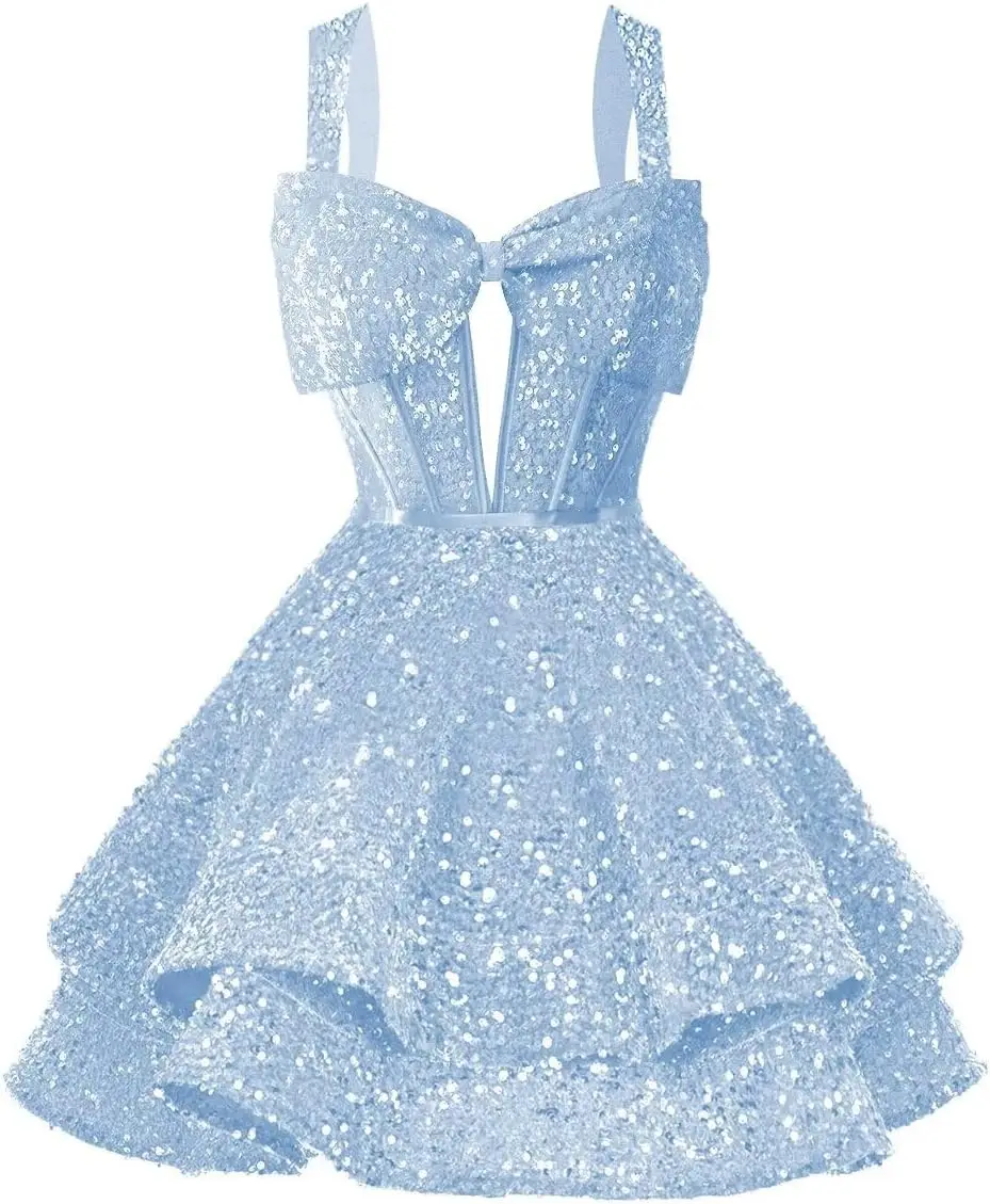 

Sparkly Sequin Bow Homecoming Dresses for Teens Spaghetti Straps Mini Prom Cocktail Dress Above Knee , Mini