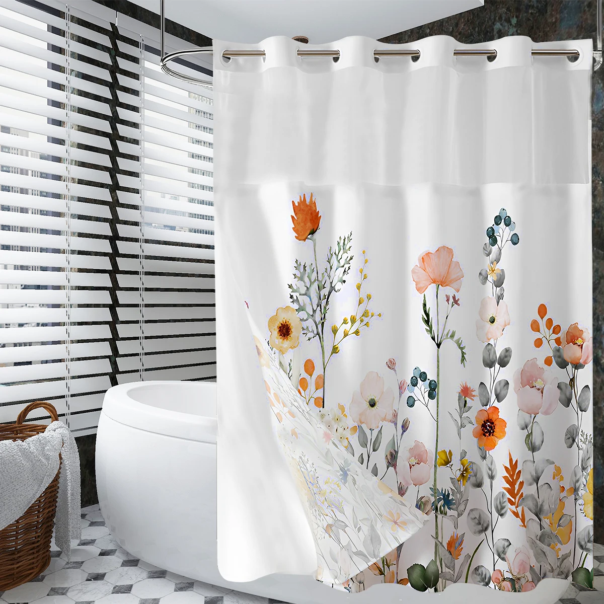 Hook Free Shower Curtain Waterproof Bathroom Curtains with Snap In Liner Privacy Protection Bath Curtains Decorative Leaves