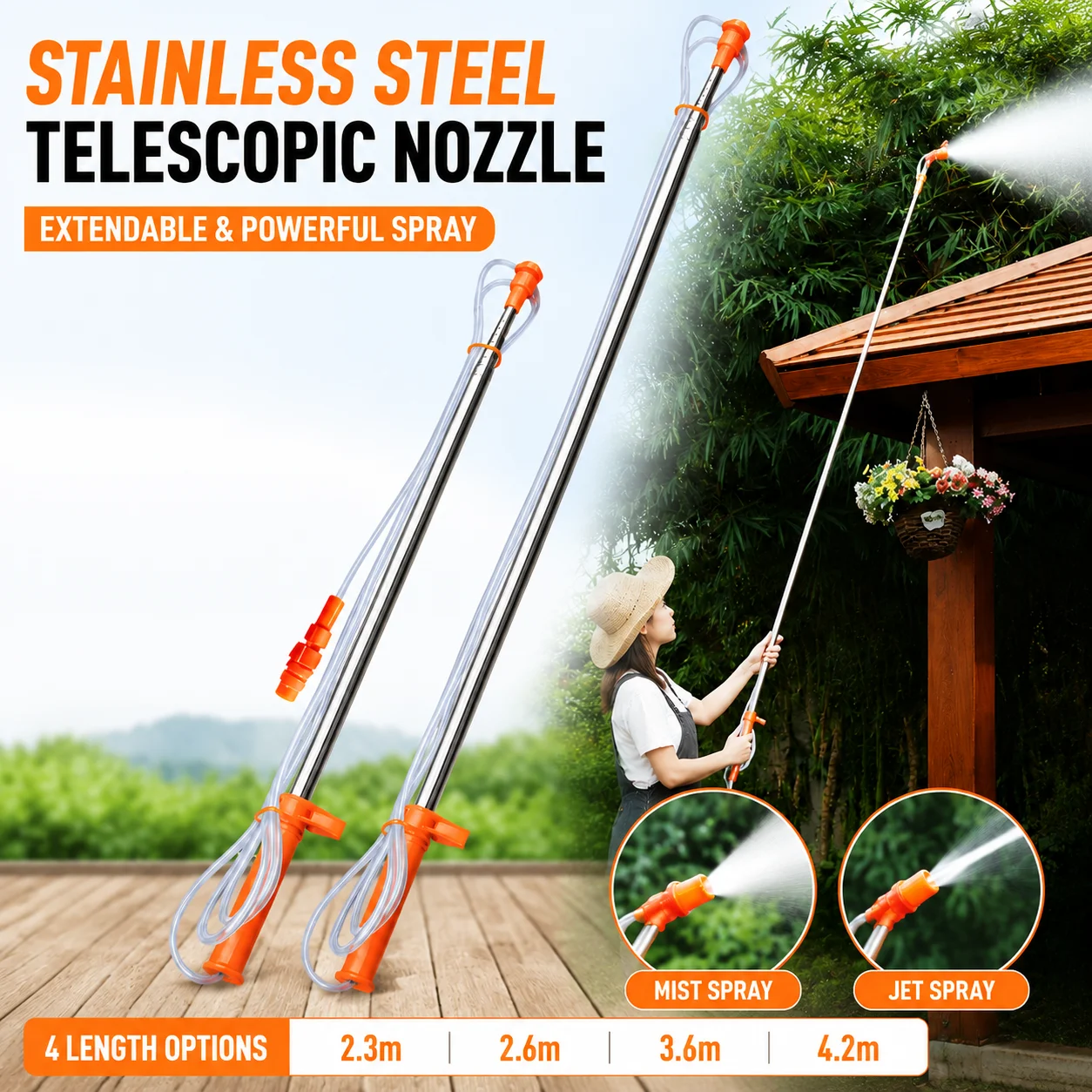Pulvérisateur électrique télescopique 2.3/2.6/3.6/4.2m, accessoires de tuyau de pulvérisation pour jardinage, matériau en acier inoxydable pour jardin, cour, pelouse