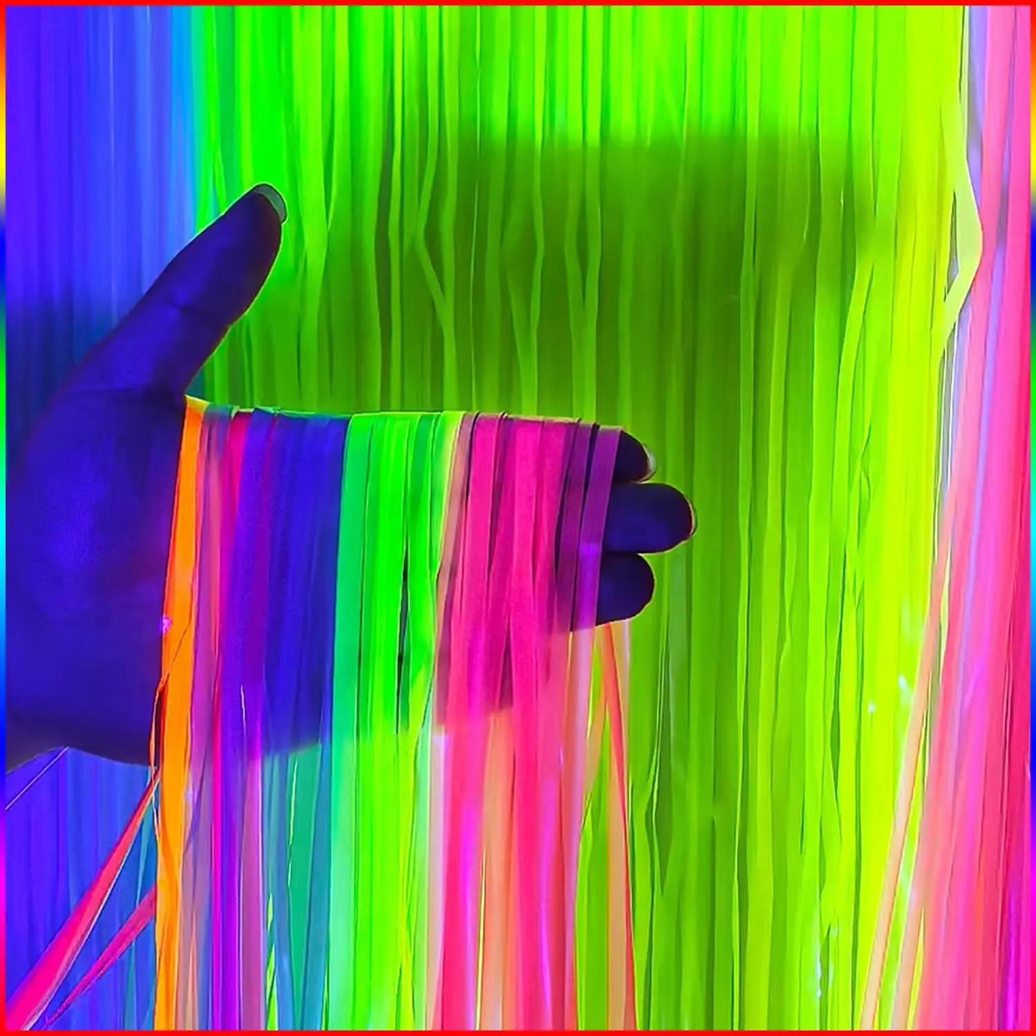 Im Dunkeln Leuchtender Folien-Fransenvorhang Regenbogen Schwarzlicht-Reaktiv Fluoreszierender Lametta-Hintergrund für Geburtstag Hochzeit Party Dekoration – Detail 6