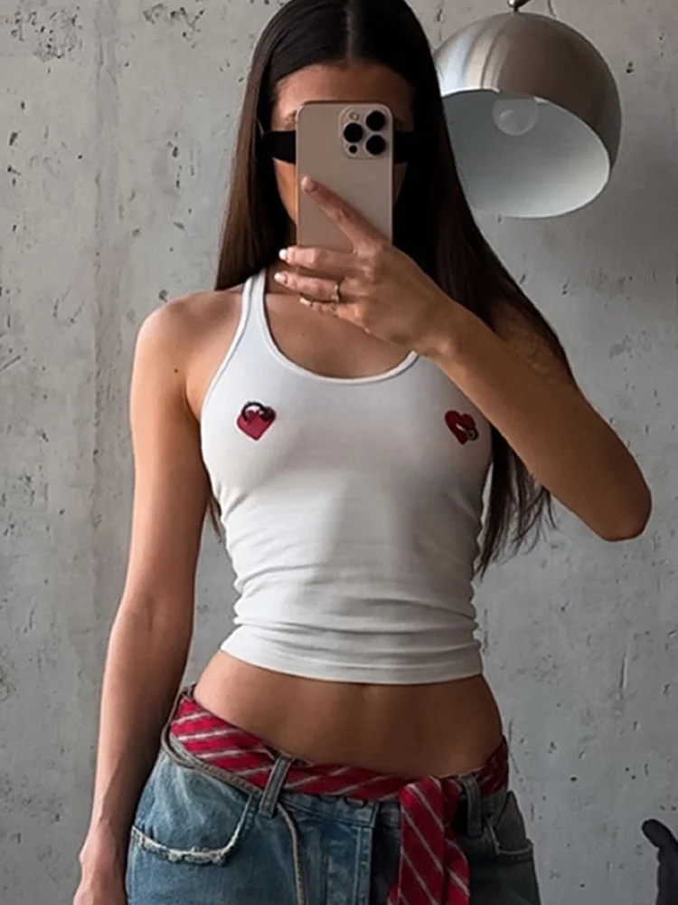 Summer Edgy white vest women's red heart and silver ring printed slim fit sleeveless vest street wear basic top