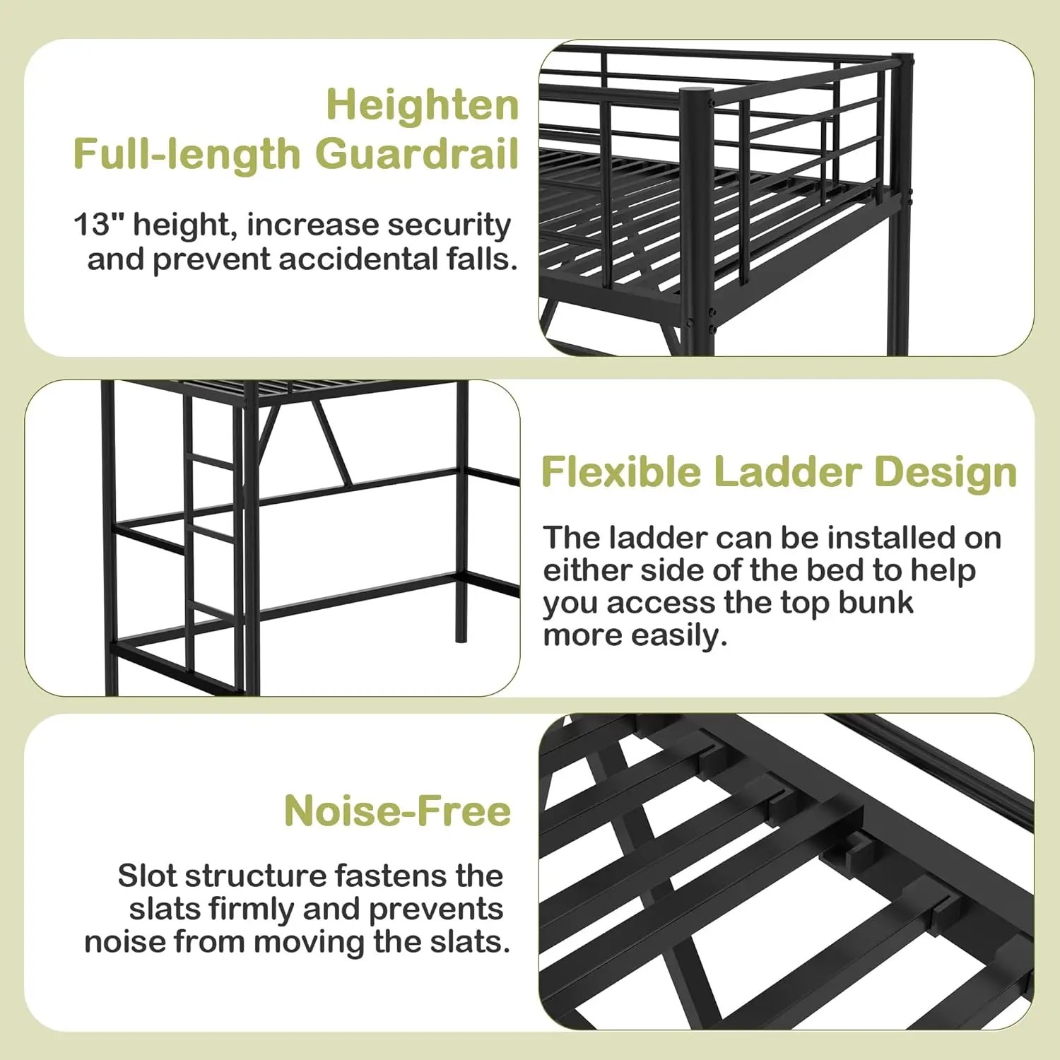 Loft Bed Twin Size, Heavy Duty Bedframe with Removable Ladder and Safety Guardrail, Space-Saving, Noise Free, No Box Spring Need