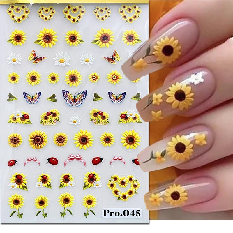 

5D Embossed Nail Art Decals Autumn Beetles White Daisy Sunflowers Adhesive Sliders Nails Stickers Decorations For Manicure