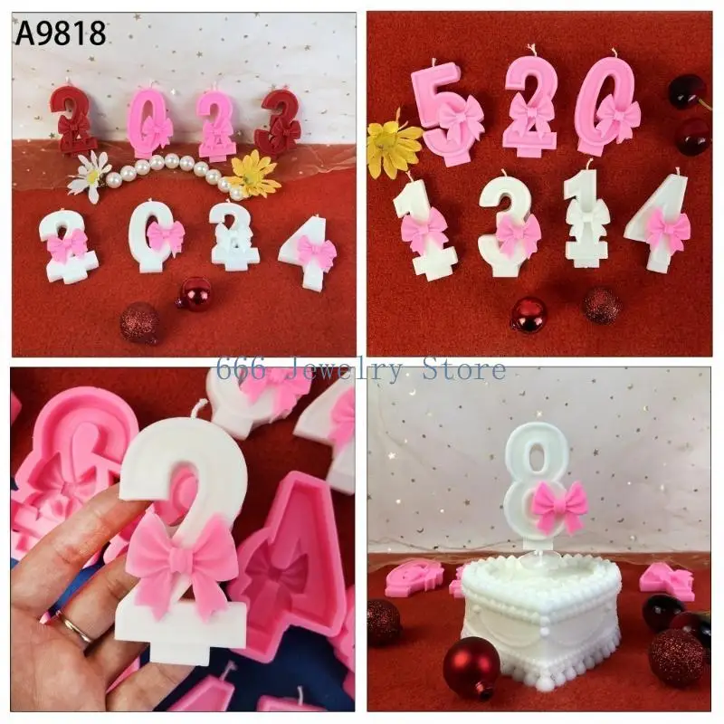 F2TD Flexible Silicone Mold Bowknot Shaped Numbers Creating Mold for Cakes Chocolates