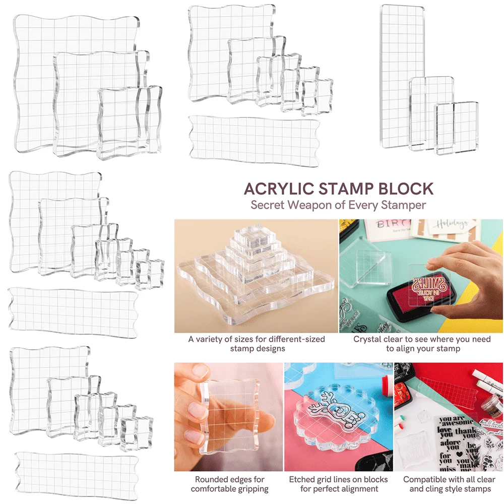 Assorted Sizes Clear Acrylic Stamp Block Kit with Grid Lines Stamp Block Stamping Tools for diy Scrapbooking Crafts Card Making