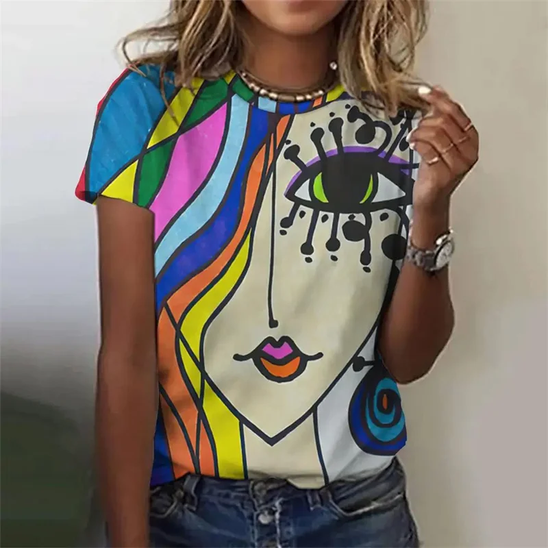 Summer New 3D Abstract Faces Painting Print T Shirt Women Fashion Streetwear Short Sleeves Girl Vintage Clothing Tee Shirts Tops