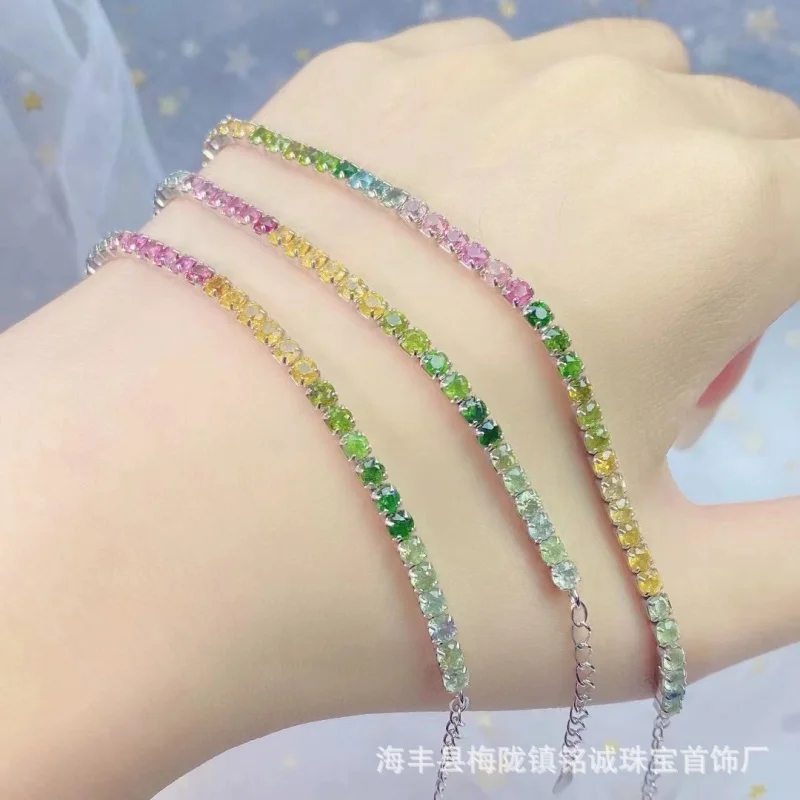 

Natural Tourmaline Rainbow Bracelet Candy Color Matching Luxury Inlaid 45 Pieces 3mm Ring Gem 925 Silver Inlaid