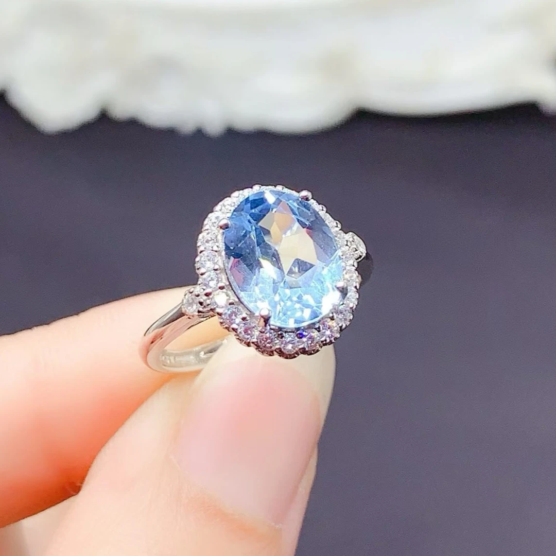 

925 Sterling Silver Natural Sky Blue Topaz Ring 8x10mm Oval Gemstone Halo Design Women Fashion Fine Jewelry Gift