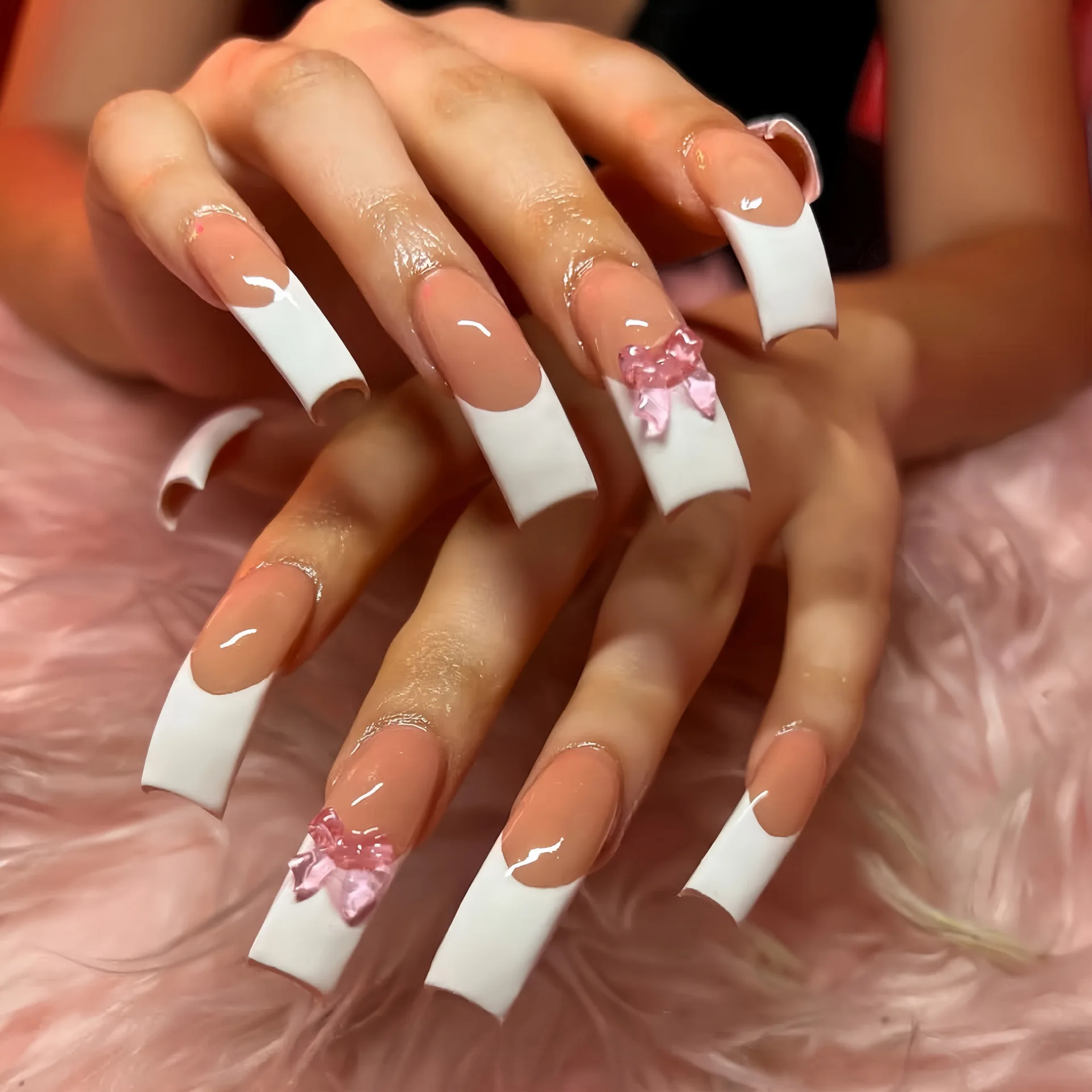 White French Long Curved Fake Nails 3D Bowknot Decor 20Pcs Stick-on False Nails Charm Manicure Full Cover Acrylic Press On Nails