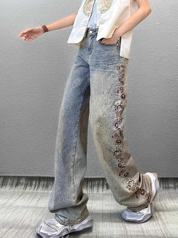 

Trendy Embroidered Rhinestone Denim Pants Women's Loose Drapey Floor-Length Wide Leg Jeans Casual High Waist Spring New