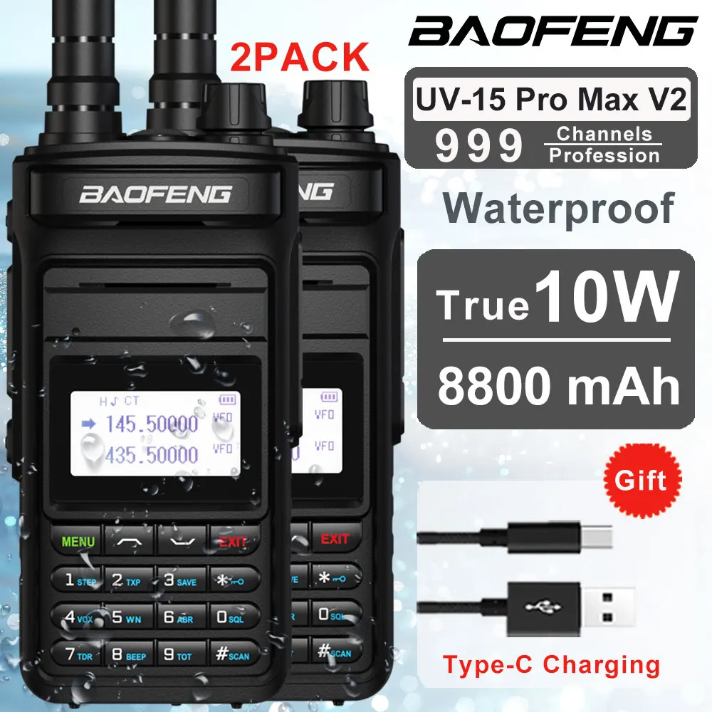 2PCS Baofeng UV15 Pro Max V2 10W Walkie Talkie Long Range 999 Channels UHF VHF Dual Band CB Radio Type-C Two Way Radio Station