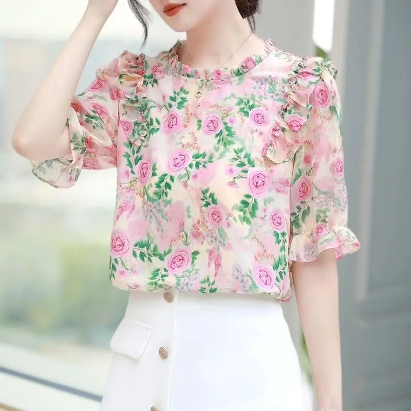 

French Style Short Sleeve Chiffon Blouse Women Summer Sweet Ruffle Print Bubble Trendy Shirt