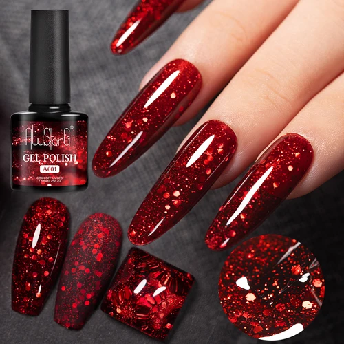 Esmalte de uñas de Gel con purpurina roja, 7,5 ml, cristal semipermanente, barniz de Gel UV para decoración de uñas, Base de manicura, capa superior mate Vernis