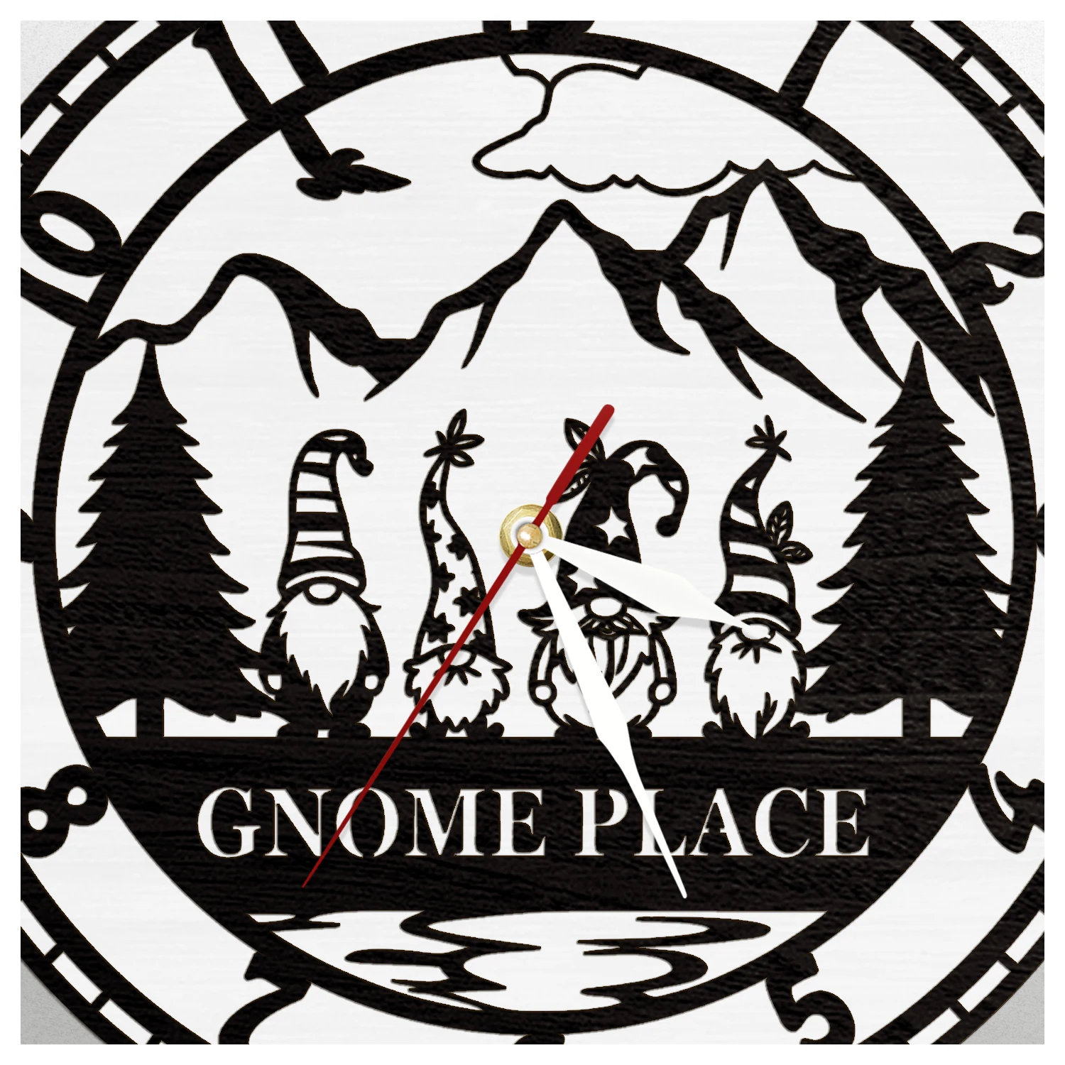 Nordic Gnome Illuminated Wall Clock Rustic Cabin Home Decor Mountain Forest Landscape LED Lighting Silhouette Backlit Wall Clock