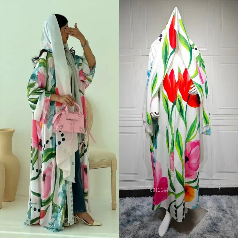 Dubai Floral Print Open Abaya Muslim Elegant Casual Kaftans Hijab included Cardigan 5