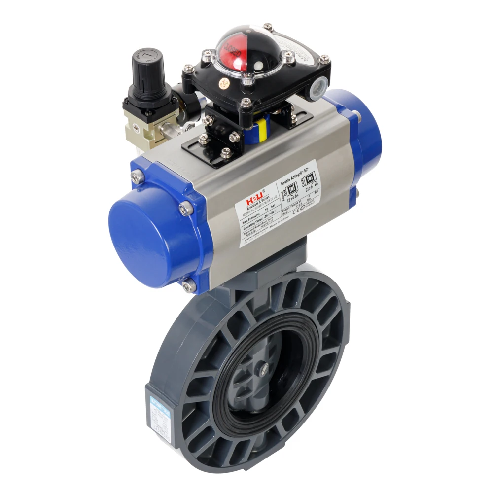 PN10 wafer PVC butterfly valve with pneumatic actuator air supply 4~6bar with hand wheel