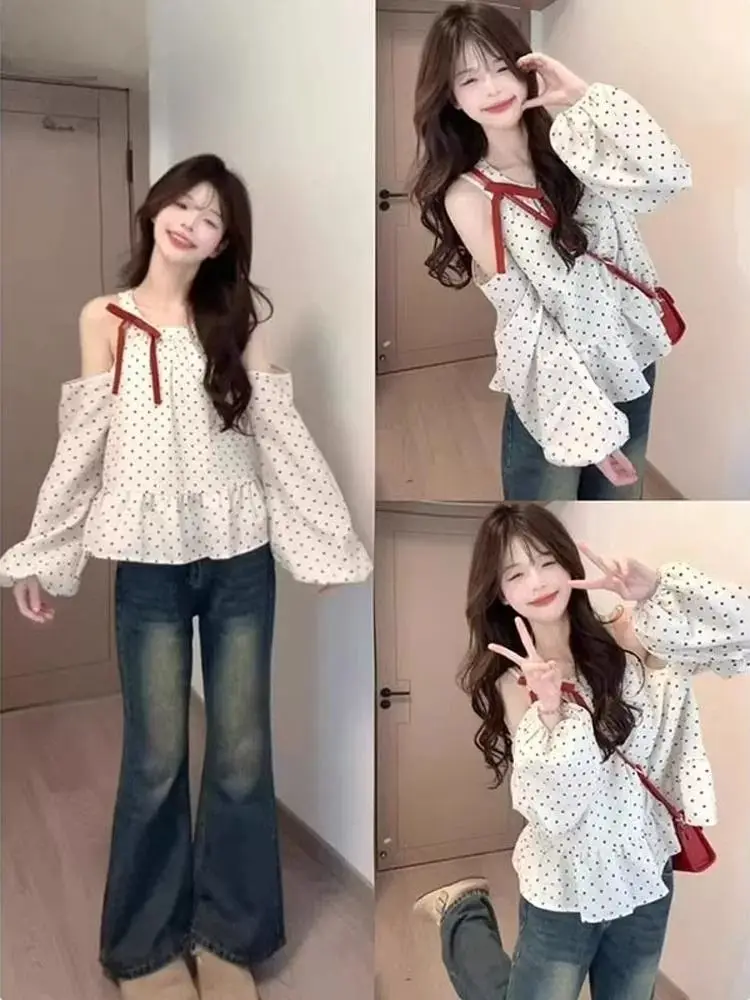 

Новая женская блузка в корейском стиле с открытыми плечами, в горошек, свободного кроя, с длинным рукавом и узлом, весна-лето