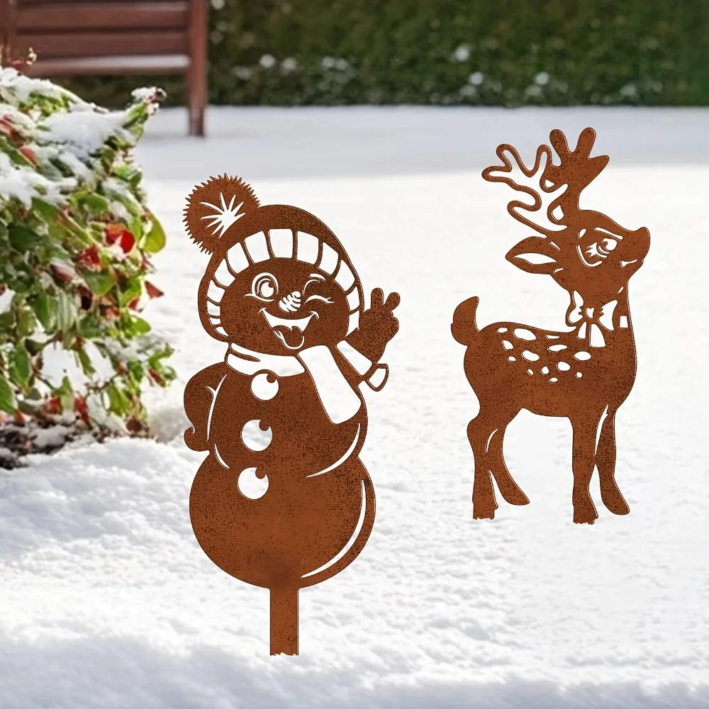 طقم حصة حديقة رجل الثلج على شكل غزال عيد الميلاد المعدني الريفي مكون من قطعتين - ديكور خارجي عالي التحمل يشبه الحديد مع تماثيل غزال شتوية