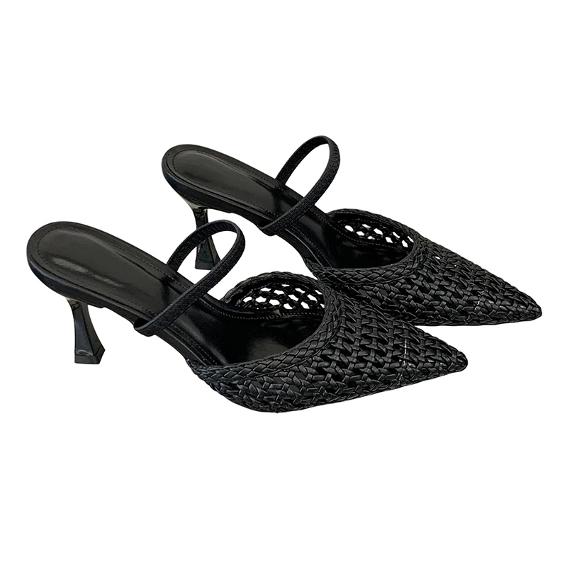 

White Heels Ladies Pointed Toe Slingback Pumps Black Knitting High Heels Slippers Two Wear Shoes For Woman Plus Size 41