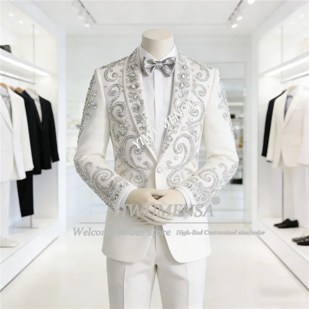 

Exclusive Jewelry Stones Suit Attire For Wedding Single Breasted Jacket Pants Groom Tuxedos Customized 2 Piece Set Man Outfits