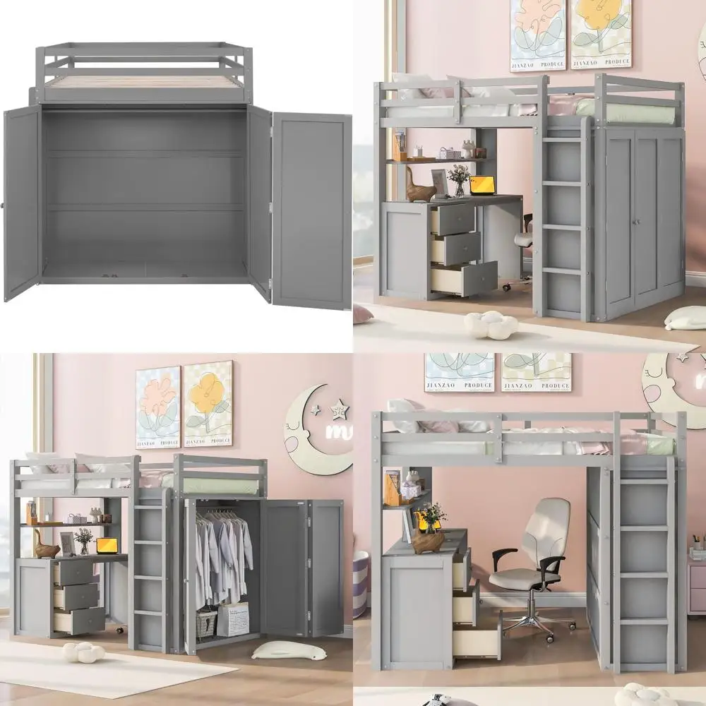 Adult Wooden Bed with Desk and Wardrobe, Storage Design for Teens (Grey)