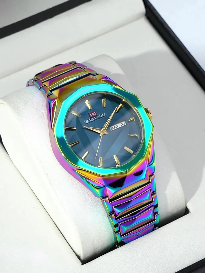 ساعة رجالية للأعمال والترفيه بتقويم مزدوج مقاومة للماء وحزام من الفولاذ المقاوم للصدأ ومينا متغيرة الألوان وساعة كوارتز هدية على مدار الساعة #2