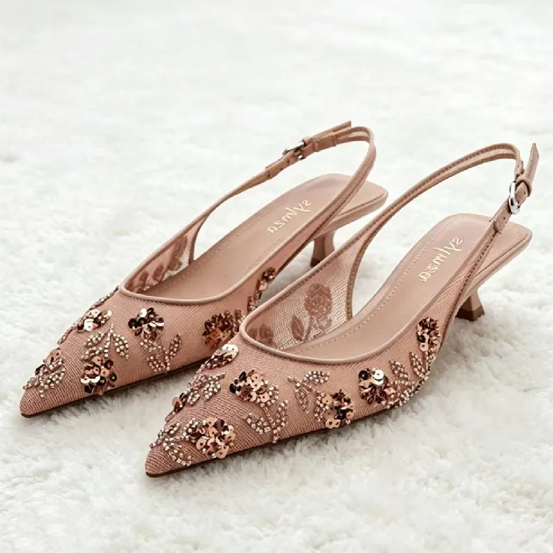 

Elegant Embroidered Mesh Low Heel Sandals for Women String Bead Pointed Toe Summer Heels Mules Luxury Wedding Bridal Dress Shoes