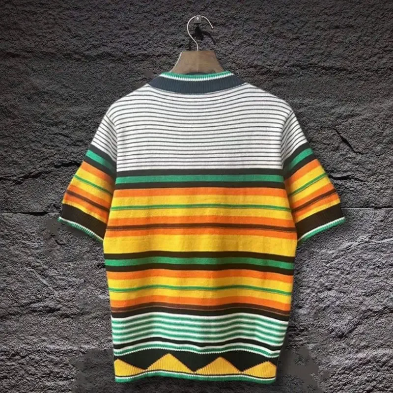 25ss Summer Rainbow Striped Print Round Neck Knitted Short Sleeve Shirts Men Women Fashion Street 2XL Tshirts Sweater with Tags