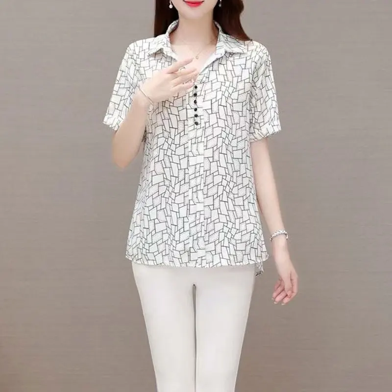 Female Clothing Casual Geometric Spliced Printed Blouse Summer Commute Turn-down Collar Short Sleeve Stylish Button Loose Shirt