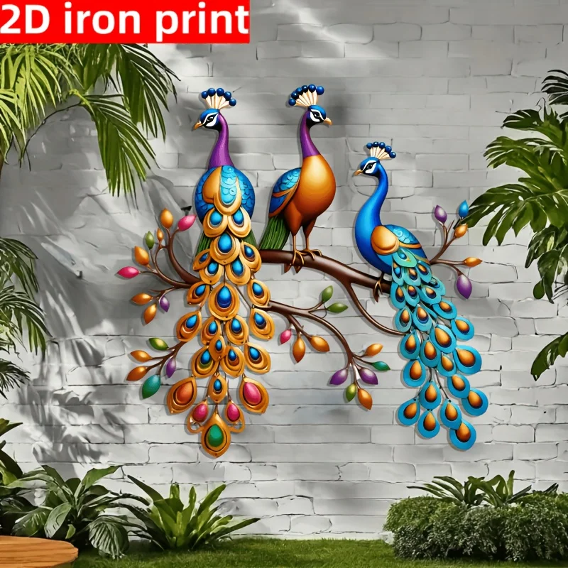 1pc 2D Bohemian Style Metal Peacock Wall Art Decor - Vibrant Colorful Feather Design, Weather-Resistant Outdoor Fence for Patio