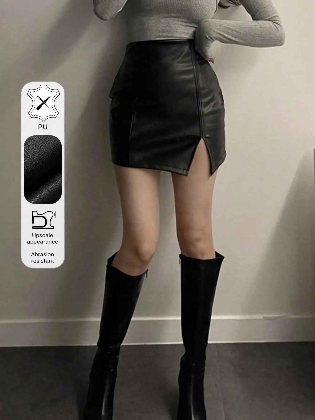 

Женская мини-юбка-бодикон из искусственной кожи с боковым разрезом, черная, на все сезоны