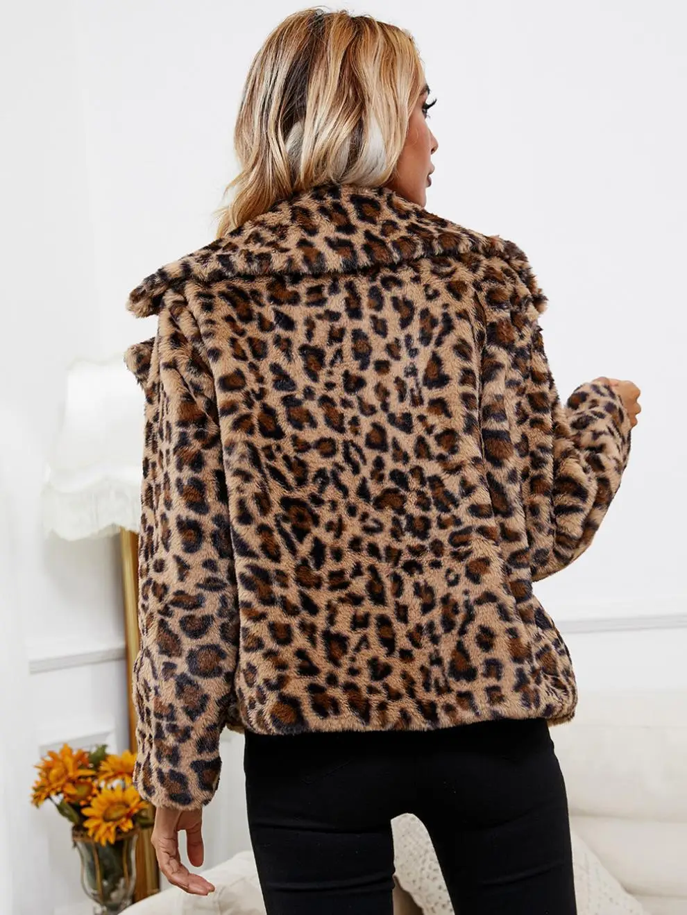 Leopard Print Women Coat Warm Faux Fur Outerwear 2024 Long-Sleeved Lapel Autumn Winter Keep Warm Jacket Fashion Female Clothing