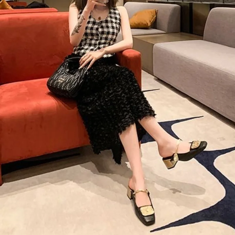 Women's Summer Mary Jane Mules, Square Toe Rhinestone Block Heel Slides, Wide Feet Friendly Slip-On Closed Toe Sandals